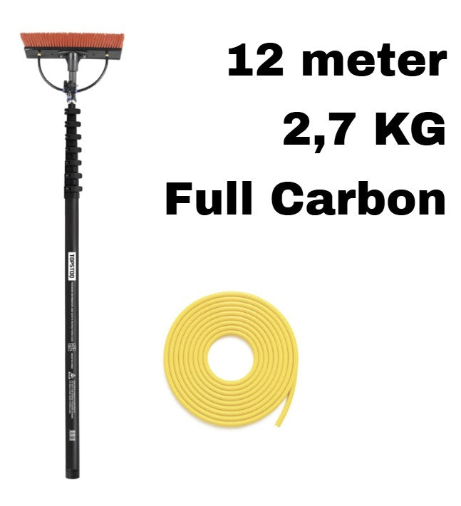 Topstoq Full Carbon telescoopsteel 12 meter anti-draai met borstel en 20 meter slang | Professioneel glazenwassen