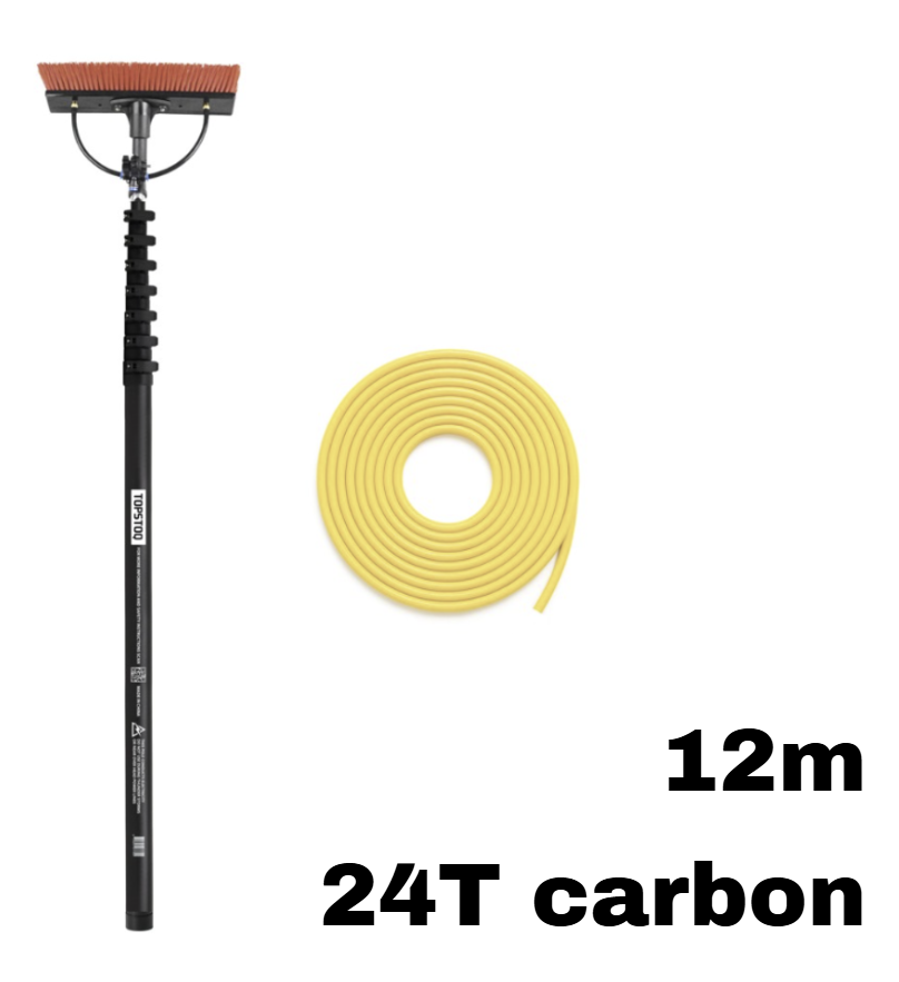 Topstoq carbon telescoopsteel set 12 meter – 24T carbon telescoopsteel met anti draai vorm, compleet met borstel en 20 meter slang: lichtgewicht voor professionele glazenwassers