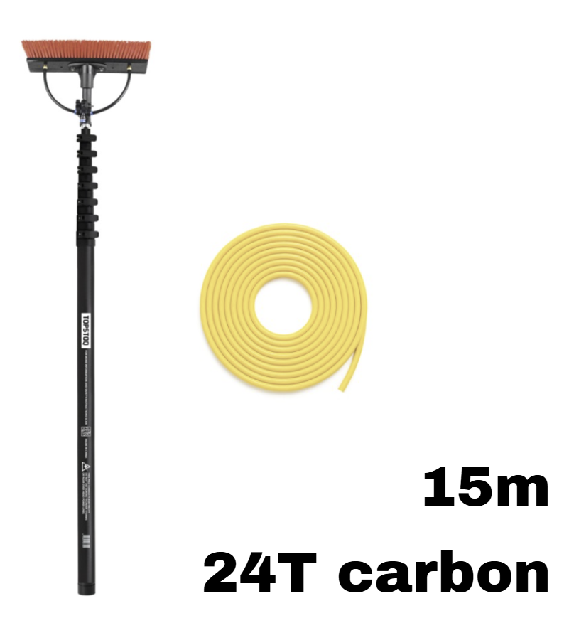 Topstoq carbon telescoopsteel set 15 meter – 24T carbon telescoopsteel met anti draai vorm, compleet met borstel en 20 meter slang: lichtgewicht voor professionele glazenwassers