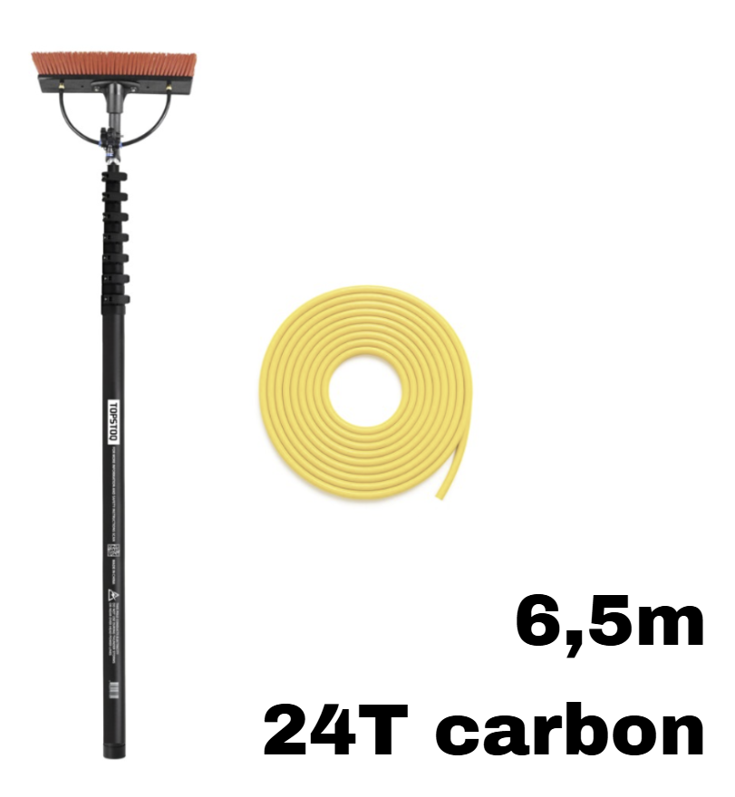 Topstoq carbon telescoopsteel set 6,5 meter – 24T carbon telescoopsteel met anti draai vorm, compleet met borstel en 20 meter slang: lichtgewicht voor professionele glazenwassers