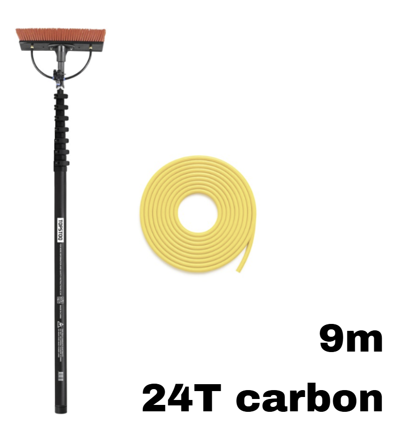 Topstoq carbon telescoopsteel set 9 meter – 24T carbon telescoopsteel met anti draai vorm, compleet met borstel en 20 meter slang: lichtgewicht voor professionele glazenwassers